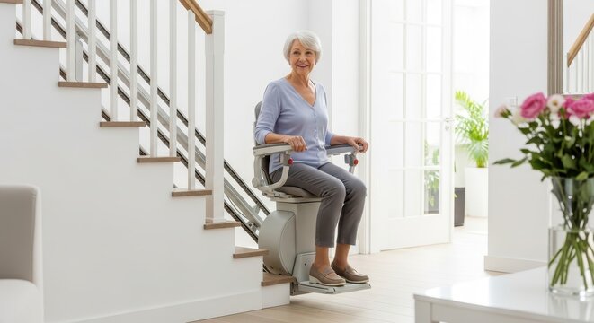 Cheerful senior woman using a modern stairlift at home for mobility and independence