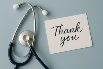 Stethoscope and thank you card on table representing medical appreciation and healthcare gratitude concept