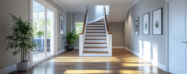 Fototapeta premium Hallway with staircase, rendered in 3D to showcase a modern entryway with functional space, Generative AI