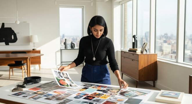 Focused art director creating a visual concept board in a stylish, sunlit workspace