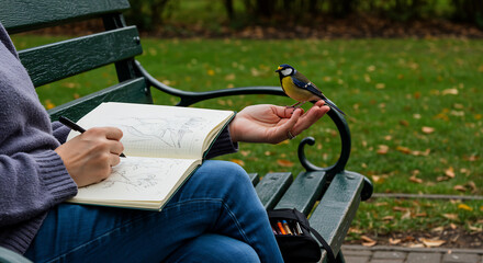 person sitting peacefully on a park bench, sketching in a notebook, with a small, friendly bird perched on their hand