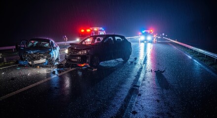 Nighttime highway collision with two wrecked cars and emergency services lights in the rain