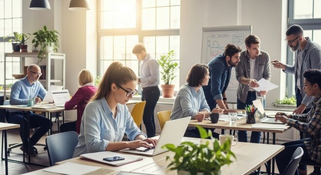 Diverse team of professionals collaborating in a modern open-plan coworking office space