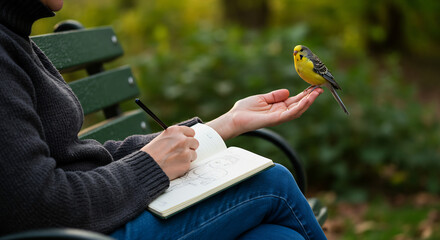 person sitting peacefully on a park bench, sketching in a notebook, with a small, friendly bird perched on their hand