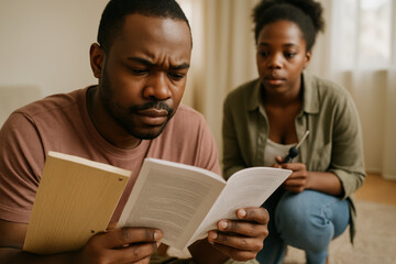 Young couple assembling diy furniture together in cozy living room, reading instructions and using tools for home improvement project