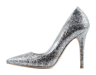 Glamorous silver high heel shoes in lighting fashion focus. Isolated on transparent background, png. isolated on transparent background, png