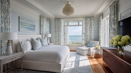 A spacious master bedroom with ocean views.