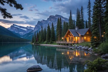 Fototapeta premium Secluded mountain cabin by a calm lake at dusk