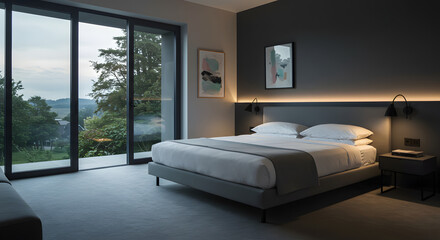 Luxurious Hotel Bedroom with Large Windows and Modern Artwork Displayed