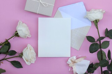White roses, empty blank sheet, place for text, postcard, roses, day, free space, top view