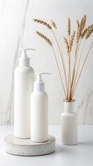 Two white pump bottles with dried wheat stalks in a vase