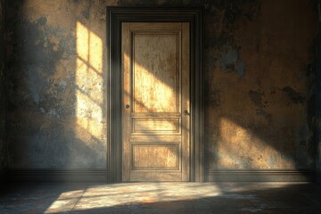 Interior with a door and frames, captured in 3D with focus on texture and light, Generative AI