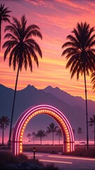 Naklejka premium Retro neon archway on a tropical beach at sunset with palm trees