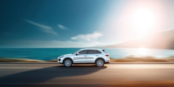 The luxury car driving along a scenic coastal road near the ocean. - Powered by Adobe