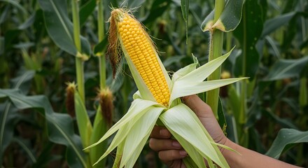 A close-up of a farmer's hand holding a freshly harvested ear of corn with the husk peeled back, revealing golden kernels in a sunlit field.