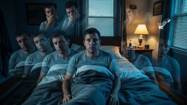 A troubled man sits awake in his bed, battling insomnia and a whirlwind of anxious thoughts
