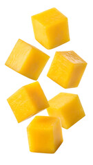 Bright yellow ripe mango fruit cubes are falling and floating in mid-air, isolated on a clean transparent PNG background.