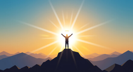 minimalist image of a person standing on a mountain peak, arms outstretched towards a brilliant, radiant sun
