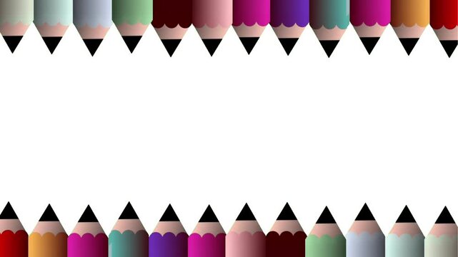 Colored pencil frame animation sliding in on white background. Clean flat cartoon layout with visible border and playful tone.