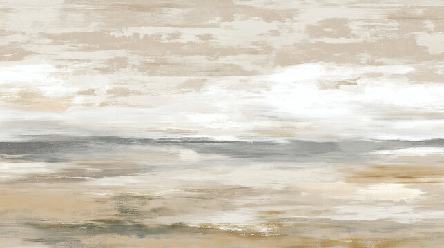 Soft abstract landscape painting with horizontal brush strokes in beige, white, and gray tones creating calm and subtle atmosphere with natural texture effect