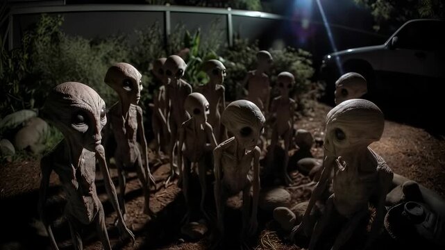 A group of extraterrestrial beings gathers in a dark, secluded setting under faint lighting. Observers capture their unusual features while unexplained phenomena occur nearby