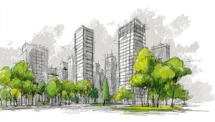 Obraz premium Urban sketch, buildings and trees