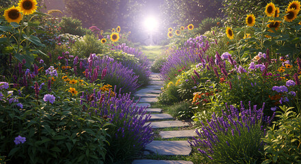 vibrant, lush garden overflowing with colorful, diverse flowers, with a small, winding path leading to a bright