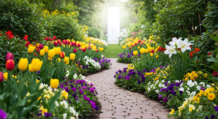 vibrant, lush garden overflowing with colorful, diverse flowers, with a small, winding path leading to a bright