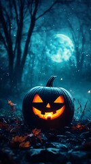 Fototapeta premium Spooky jack o lantern glows in dark forest under full moon on halloween night