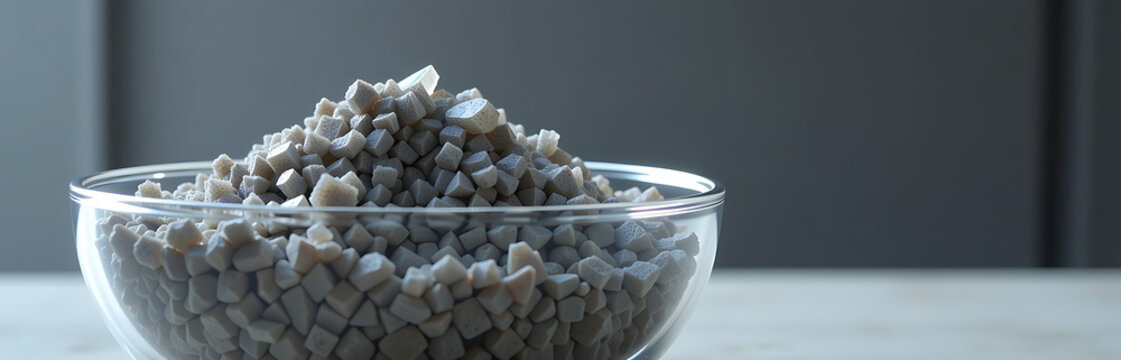 gray quartz chips delicately arranged within transparent glass bowl set subtle blurred industrial background