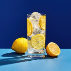 Yuzu sparkling water with ice wedge and fresh citrus slices in a tall glass, vibrant blue background enhancing refreshing beverage experience