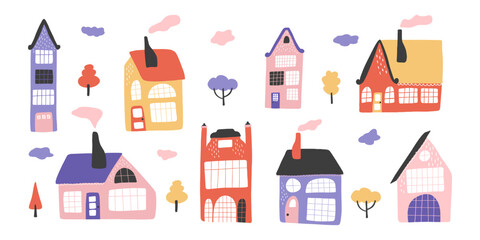 Collection of isolated sweet tiny houses and trees in hand drawn style. Trendy small buildings for use in childrens illustration. Cartoon vector design.