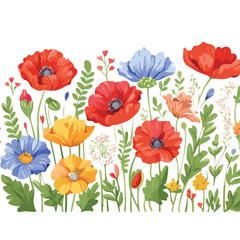 Hand drawn wildflowers and poppies. Decorative vector set