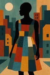 Silhouette of a woman in a colorful patchwork dress standing against an abstract cityscape background.


