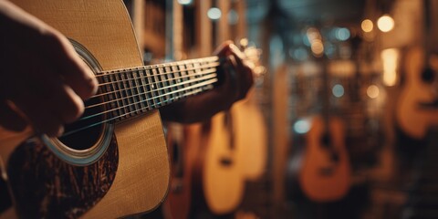 Fototapeta premium The Hand Playing an Acoustic Guitar in a Cozy Music Store