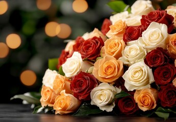 Obraz premium Close-Up Shot of a Large Bouquet Featuring Red and White Roses Against a Soft Blurred Background
