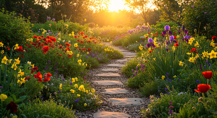 vibrant, lush garden overflowing with colorful, diverse flowers, with a small, winding path leading to a bright