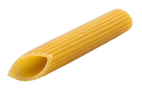 One dry ribbed penne pasta piece rests isolated, showing its texture, on a transparent background, a useful PNG. - Powered by Adobe