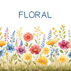 Meadow with flowers, floral seamless pattern of colorful wildflowers, watercolor illustration in rustic style on ivory background.