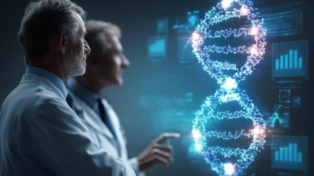 Genetic Exploration: A focused look at a two scientists and the intricacies of the human genome, with a vibrant, digital depiction of DNA strands illuminating the scene. 