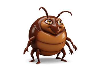 Cartoon cockroach character with a brown shell, large eyes, and a smiling expression standing on a white background.