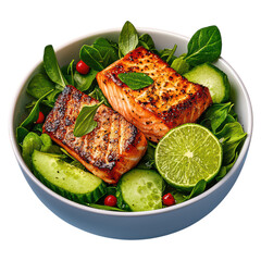 Grilled Salmon Fillets with Fresh Salad Greens and Lime, isolated on transparent background.