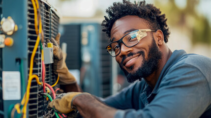 HVAC Maintenance: Smiling technician repairs air conditioner unit, ensuring efficient cooling system function with precision and expertise.