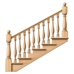 Elegant Wooden Staircase with Balustrade and Railing Design, isolated on transparent background.