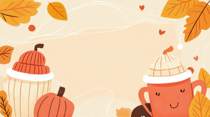 Fototapeta premium Fall Festive: Warm Beverage and Pumpkin Patch Autumnal Delight, Perfect Design for Seasonal Greetings or Cozy Invitations