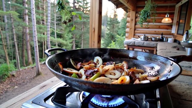 Shiitake, oyster, and enoki mushrooms sizzle in a cast iron wok with garlic and miso glaze on an outdoor stove, with a log cabin and forest as the backdrop.