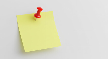 Red Pushpin Securing a Pale Yellow Sticky Note Angled View