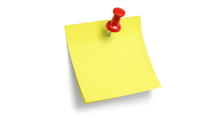 Red Pushpin Securing Yellow Sticky Note with Shadow and Angle
