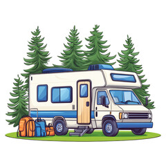Obraz premium Cozy RV Parked Among Lush Trees in Nature Escape Scene, isolated on transparent background.