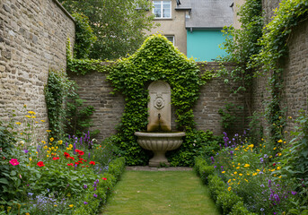 Serene Garden Fountain with Lush Greenery and Colorful Blooming Flowers